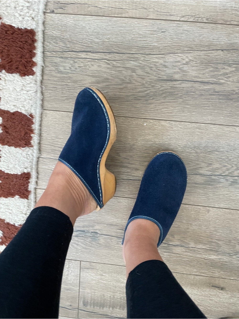 Navy Suede Clog Mules with Wood Heel